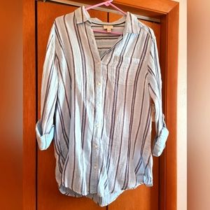 St. John's Bay NWT Cotton Blue Striped Button Collar Top Size Large